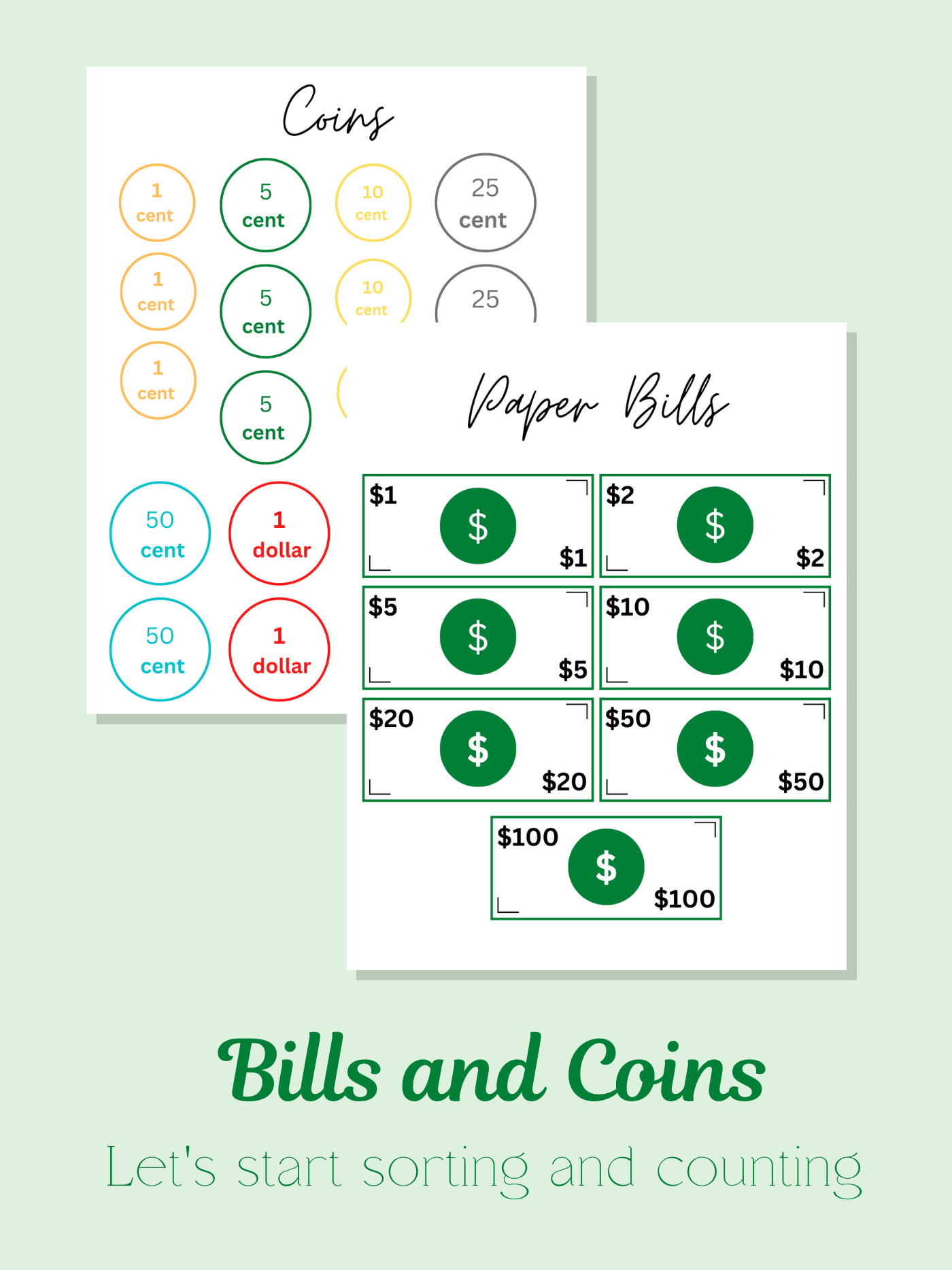 free printable coins and bills for learning money concepts