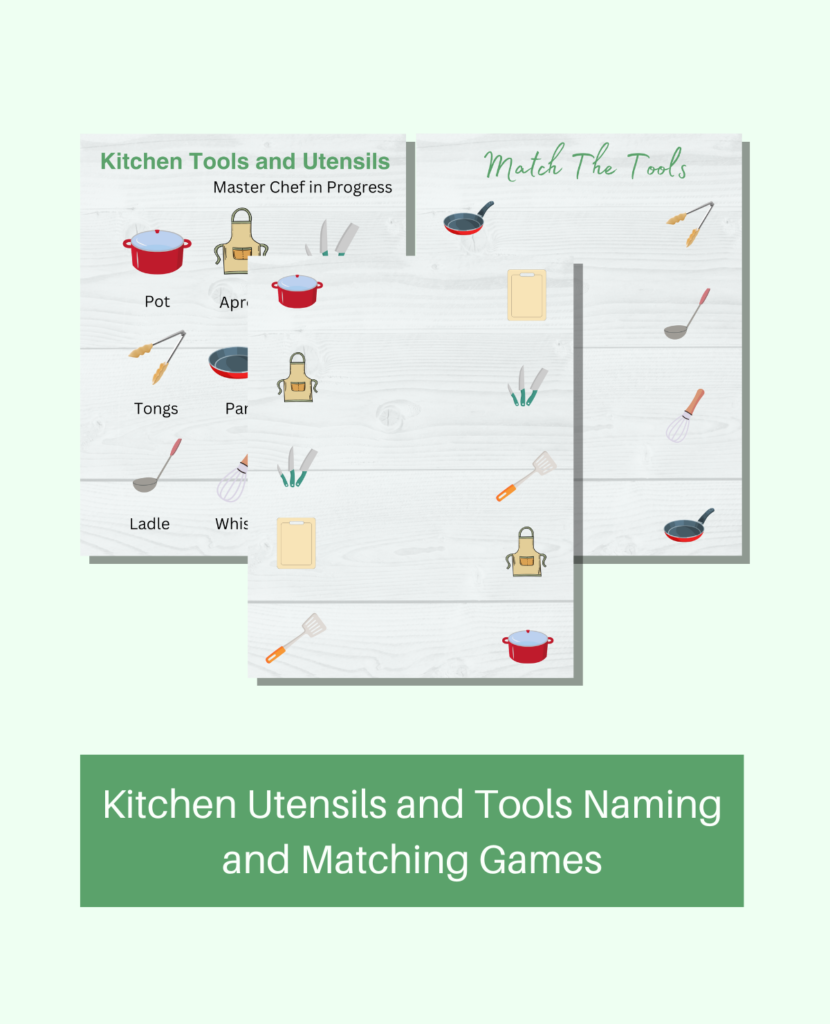 Kitchen utensil naming and matching games - free printables